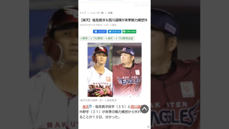 西川、塩見に戦力外通告 #shorts #プロ野球 #東北楽天ゴールデンイーグルス #塩見貴洋 #西川遥輝