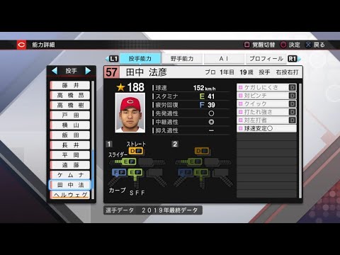 【プロスピ2019選手能力 / NPB PLAYER'S DATE】広島 57 田中法彦選手 CARP NORIHIKO TANAKA
