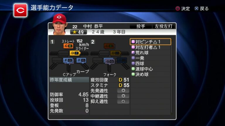 【プロスピ2013選手能力】広島 22 中村恭平選手