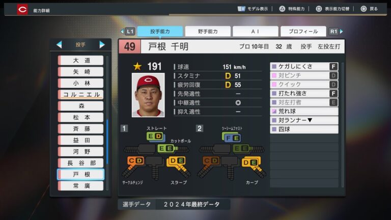 【プロスピ2024選手能力/NPB PlayersData】広島 49 戸根千明選手 Carp Chiaki Tone