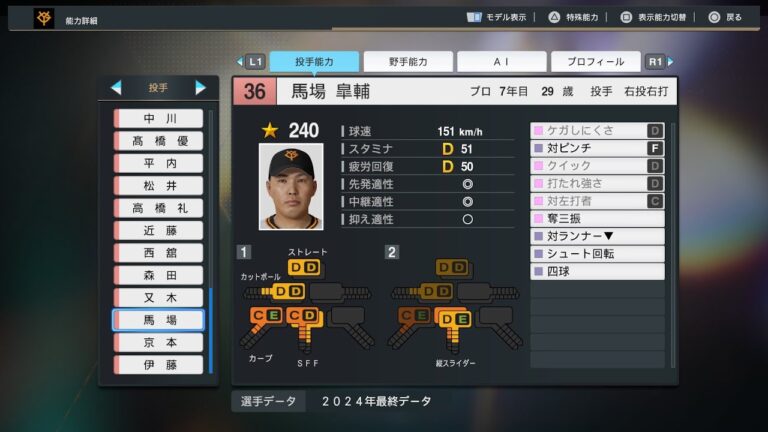 【プロスピ2024選手能力/NPB PlayersData】巨人 36 馬場皐輔選手 Giants Kosuke Baba