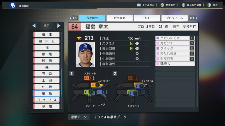 【プロスピ2024選手能力/NPB PlayersData】中日 64  福島章太選手 Dragons Shota Fukushima