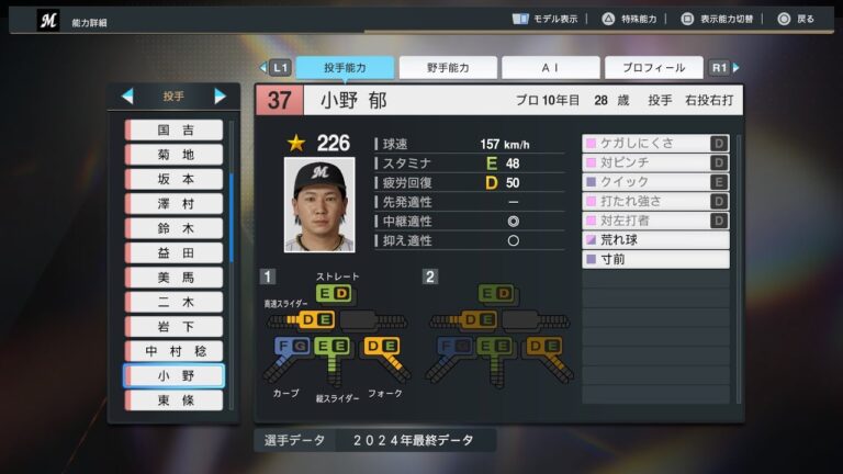 【プロスピ2024選手能力/NPB PlayersData】ロッテ 37 小野郁選手 Marines Fumiya Ono
