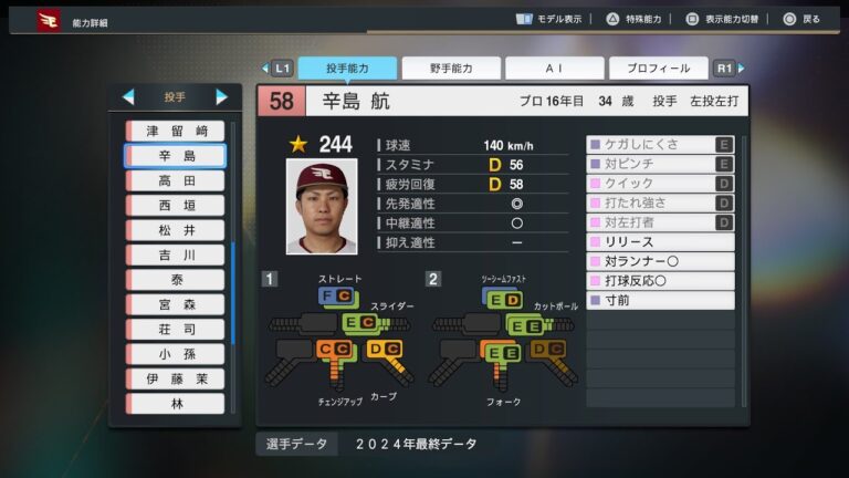 【プロスピ2024選手能力/NPB PlayersData】楽天 58 辛島航選手 Eagles Wataru Karashima