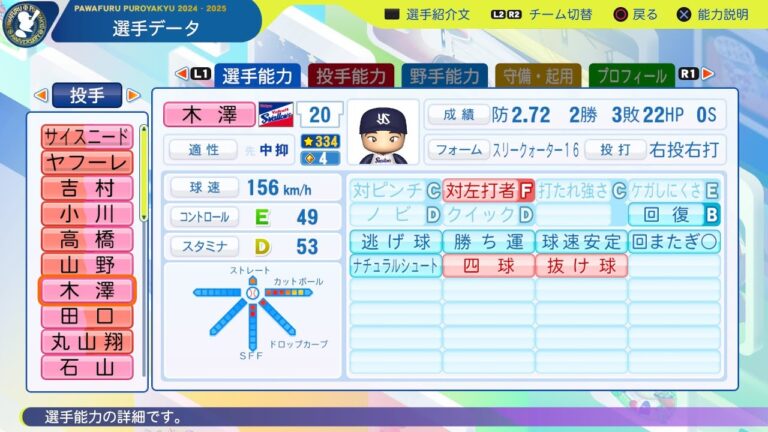 【パワプロ2024選手能力/NPB PlayersData】ヤクルト 20 木澤尚文選手 Swallows Naofumi Kizawa