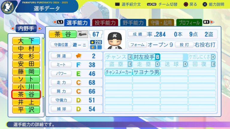 【パワプロ2024選手能力/NPB PlayersData】ロッテ 67 茶谷健太選手 Marines Kenta Chatani