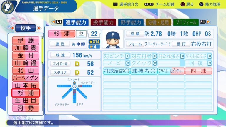 【パワプロ2024選手能力/NPB PlayersData】日本ハム 22 杉浦稔大選手 Fighters Toshihiro Sugiura