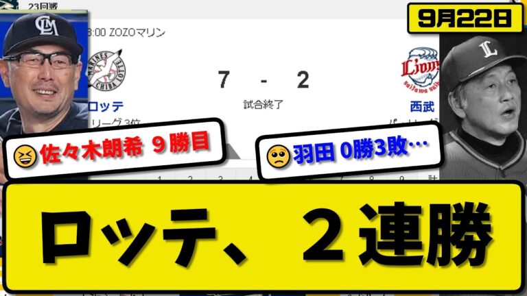 【3位vs6位】ロッテマリーンズが西武ライオンズに7-2で勝利…9月22日逆転勝ちで2連勝…先発佐々木7回2失点9勝目…藤岡&ポランコ&茶谷&佐藤が活躍【最新・反応集・なんJ・2ch】プロ野球