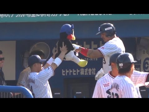 オスナはつば九郎とグータッチ！犠牲フライで6点目をあげる　2025.03.14