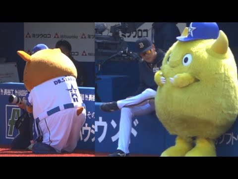 カメラマンやオリ麦谷選手に絡むスターマンとチャピー　横浜DeNAベイスターズ　　2025.3.20