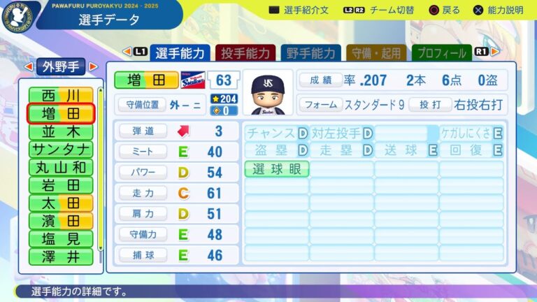 【パワプロ2025選手名鑑/NPB25Stats】ヤクルト 63 増田珠選手 SWALLOWS Shu Masuda