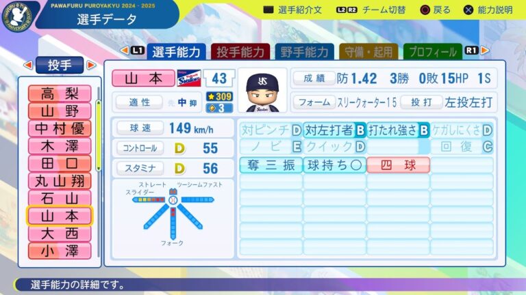【パワプロ2025選手名鑑/NPB25Stats】ヤクルト 43 山本大貴選手 SWALLOWS Daiki Yamamoto