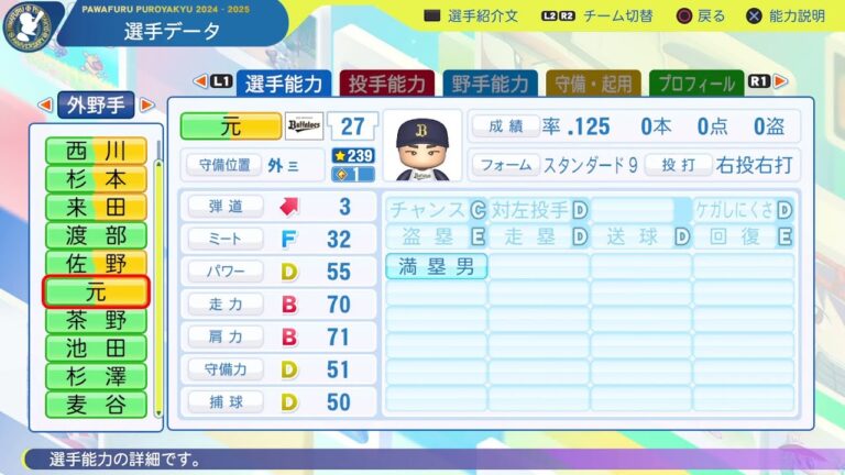 【パワプロ2025選手名鑑/NPB25Stats】オリックス 27 元謙太選手 BUFFALOES Kendai Gen