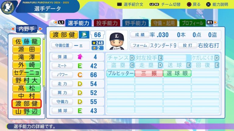 【パワプロ2025選手名鑑/NPB25Stats】西武 66 渡部健人選手 LIONS Kento Watanabe