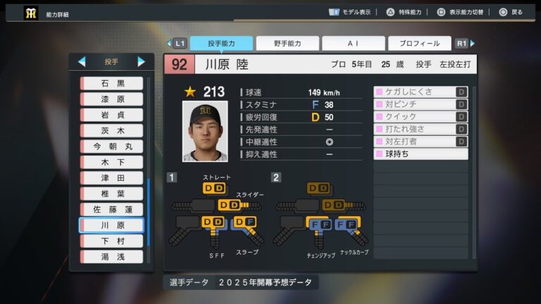 【プロスピ2025選手名鑑/NPB25Stats】阪神 92 川原陸選手 TIGERS Riku Kawahara