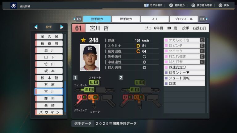 【プロスピ2025選手名鑑/NPB25Stats】ヤクルト 61 宮川哲選手 SWALLOWS Tetsu Miyagawa
