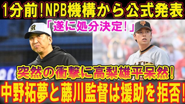 1分前! NPB機構から公式発表「遂に処分決定!」突然の衝撃に高梨雄平呆然!  中野拓夢と藤川監督は援助を拒否!