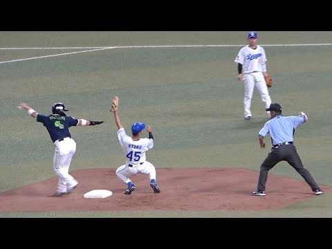 木下拓哉の強肩＆龍空の超速タッチで俊足丸山の盗塁を阻止！リプレー検証も判定覆らずアウト！（2023年8月31日）