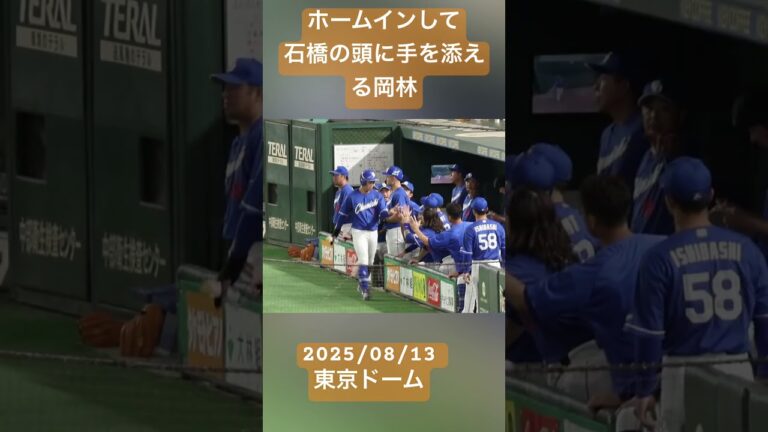 ホームインしてハイタッチした後石橋の頭に手を置く岡林　#石橋康太　#岡林勇希 2025/08/13 東京ドーム