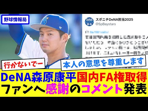 DeNA森原康平、国内FA権取得！ファンへ感謝のコメント発表【ネット反応集】