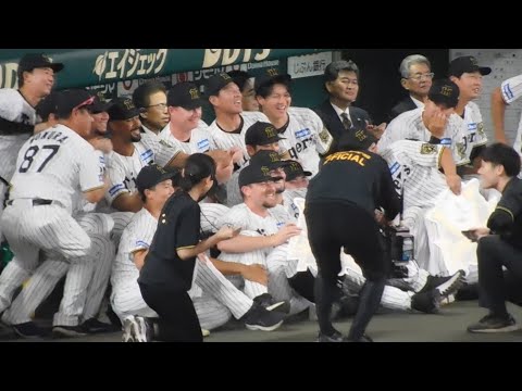 【監督そっちのけ】優勝ロゴパネルを持って記念撮影する阪神ナイン