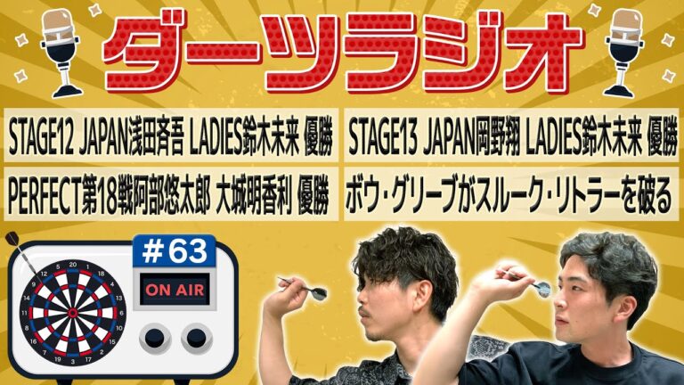 第63回【ダーツラジオ】STAGE12 JAPAN浅田斉吾 LADIES鈴木未来 STAGE13 JAPAN岡野翔 LADIES鈴木未来 PERFECT第18戦阿部悠太郎 大城明香利 【菊地山口】