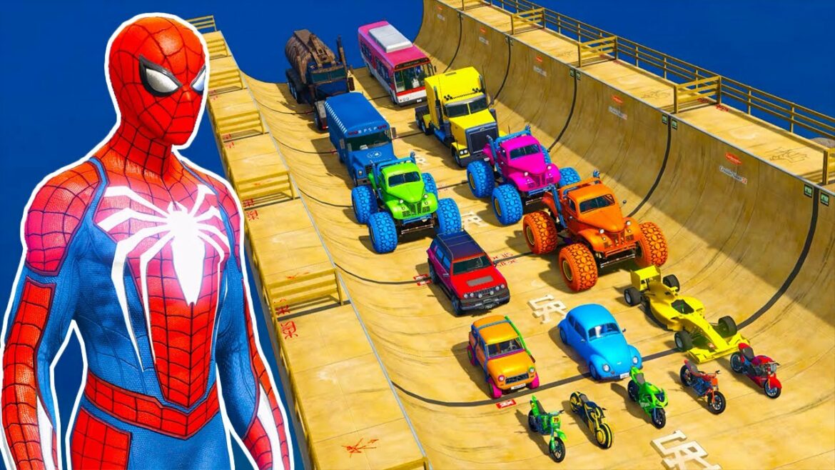 hombre araña en moto | spiderman and superheros mega ramp challenge with all vehicles | GTA 5 MODS