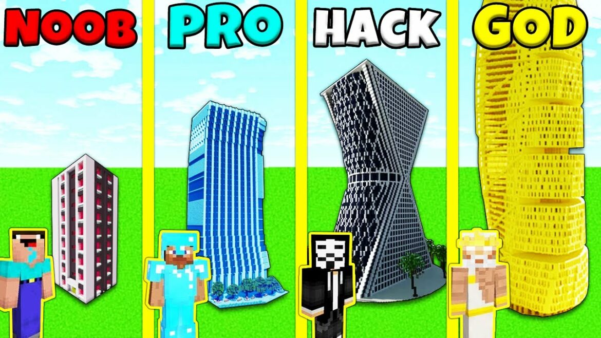 Minecraft Battle: SKYSCRAPER BUILD CHALLENGE – NOOB vs PRO vs HACKER vs GOD / Animation