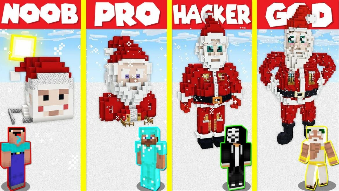 Minecraft Battle: SANTA STATUE BASE HOUSE BUILD CHALLENGE – NOOB vs PRO vs HACKER vs GOD / Animation