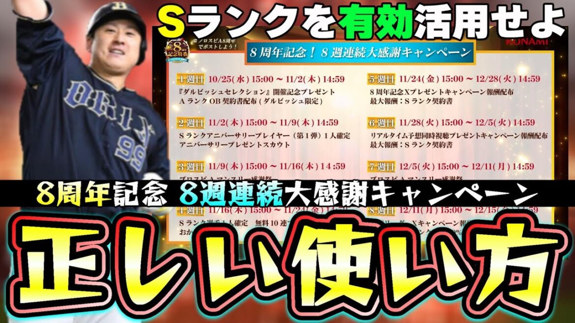 プロスピA『8周年』8週連続大感謝キャンペーンで大量の無料配布で獲得できるS選手&Sランク契約書の正しい使い方!スピ解放で4200!完全移行で初心者/無課金は大補強!【プロスピA】