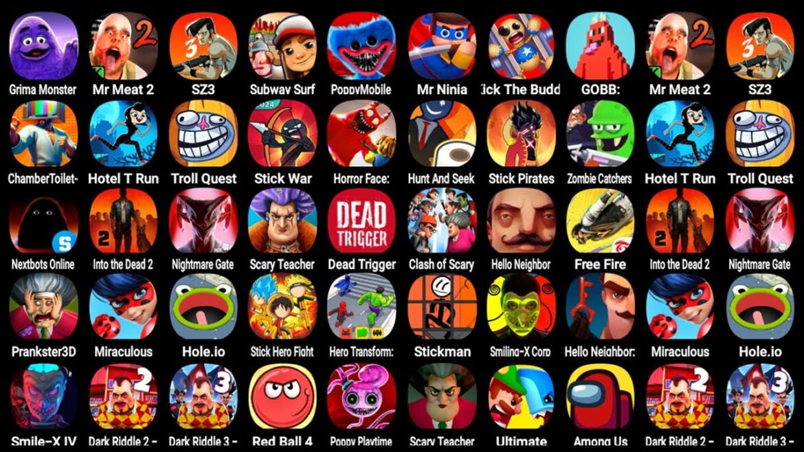 Grimace Monster, Mr Meat 2, SZ 3, Subway Surf, Poppy Mobile, Mr Ninja, Kick The Buddy…