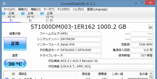 セカンド／サードストレージのS.M.A.R.T情報、試用機ではシーゲート製の「ST1000DM003－1ER162」が使われていました