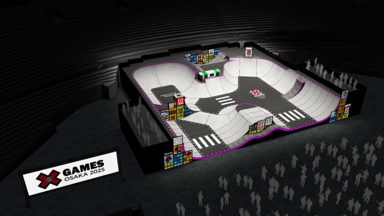 スケートボードとBMXのパークコース。道頓堀のネオンもモチーフとしてあしらわれている