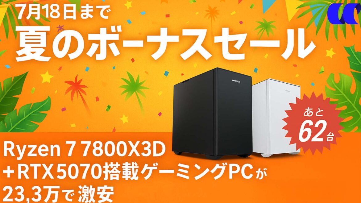 7月18日までRyzen 7 7800X3D+RTX5070搭載ゲーミングPCが23.3万で激安 | うっしーならいふ 7月18日までRyzen 7 7800X3D+RTX5070搭載ゲーミングPCが23.3万で激安 | うっしーならいふ