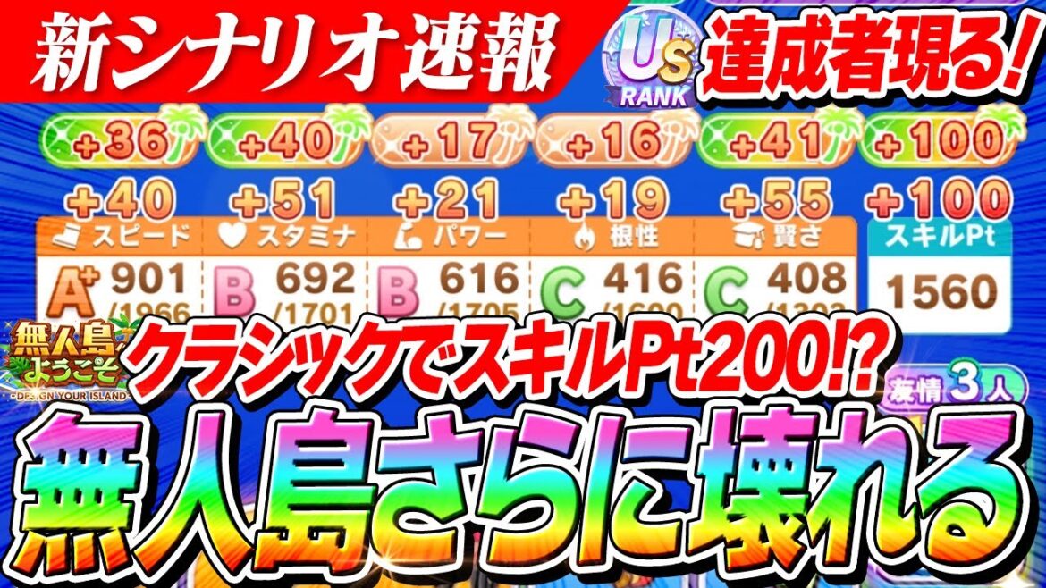 【ウマ娘】US達成者現る！！クラシックでスキルPt200！？バランス調整で新シナリオ『無人島』がまた壊れちゃった！？