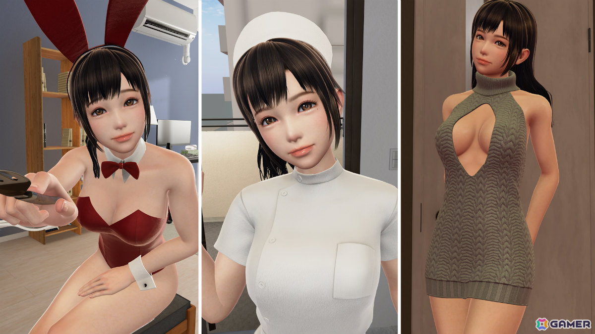 ユーザーの声から生まれた多彩なコスチューム。ナース服、バニースーツ、童貞を殺すセーターなど、クラウドファンディングで実現した衣装の数々