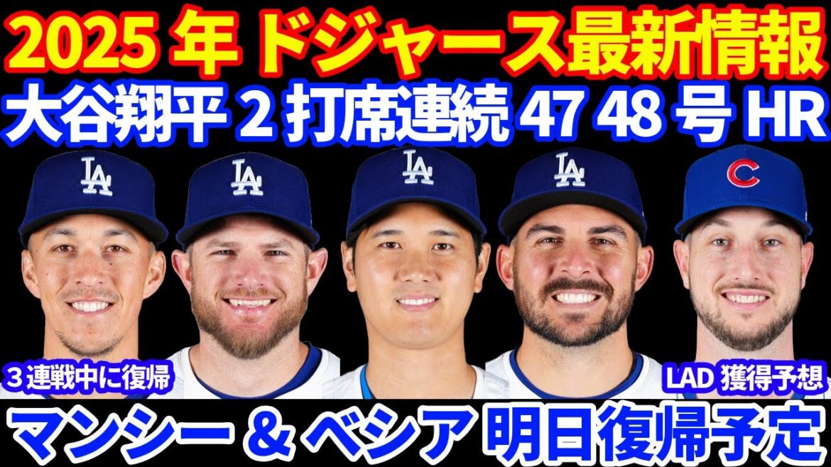 2025年 ドジャース最新情報‼️ 大谷翔平 2打席連続 47 48号ホームラン🚀 2安打2打点3四球⚾️ 連敗ストップ💪 明日マンシー&べシアが復帰予定 エドマンは3連戦中の復帰  いよいよ枠問題 2025年 ドジャース最新情報‼️ 大谷翔平 2打席連続 47 48号ホームラン🚀 2安打2打点3四球⚾️ 連敗ストップ💪 明日マンシー&べシアが復帰予定 エドマンは3連戦中の復帰  いよいよ枠問題
