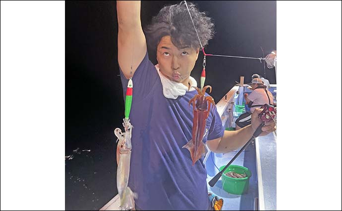 鹿島沖のナイトイカメタルゲームでスジイカ37尾手中【茨城・幸栄丸】初挑戦で2点掛けも達成