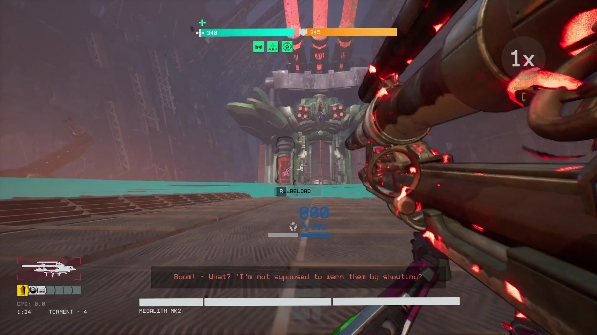 FPS視点でのゲームプレイ画面、巨大なボスとの対峙