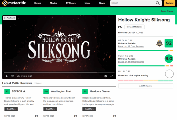 『ホロウナイト シルクソング』海外レビューでメタスコア平均「92/100」と高評価を獲得_001