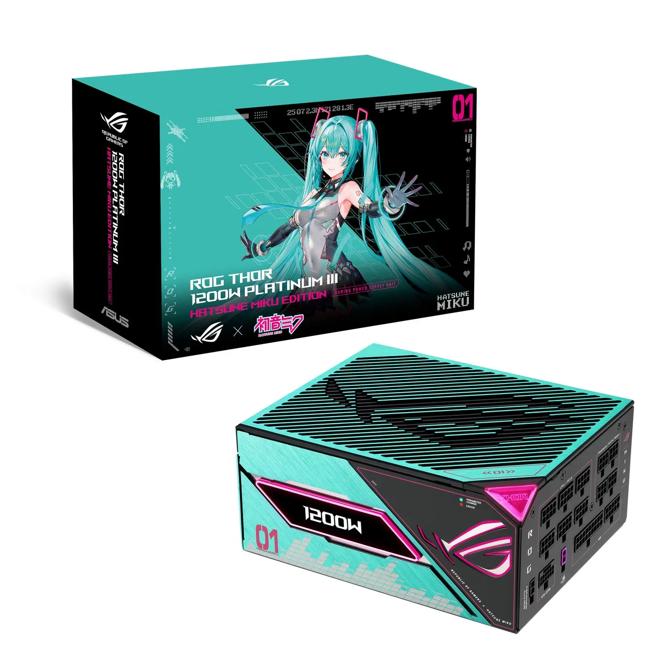 ASUSのROG THOR 1200W PLATINUM III Hatsune Miku Editionの電源ユニットとその箱。箱には初音ミクのイラストが描かれており、製品の型番やロゴが配置されている。