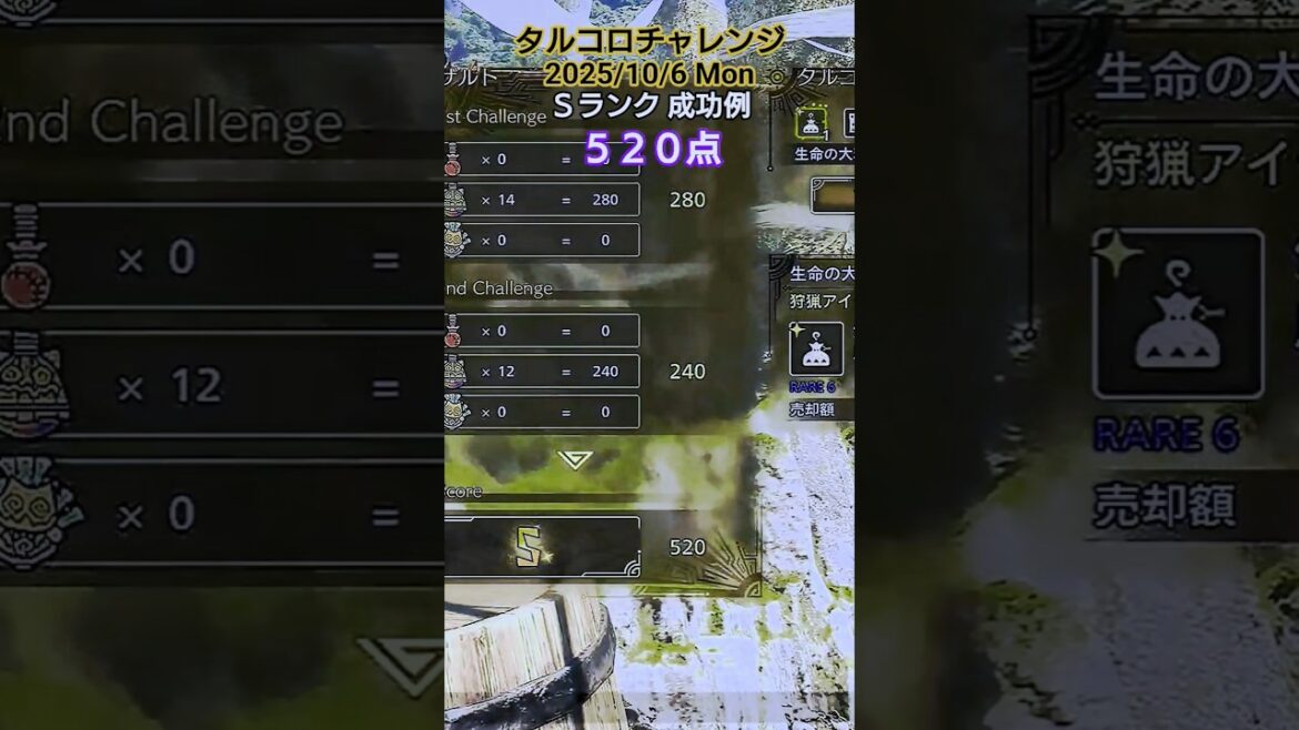 タルコロチャレンジ 2025/10/6 Ｓランク 成功例 520点