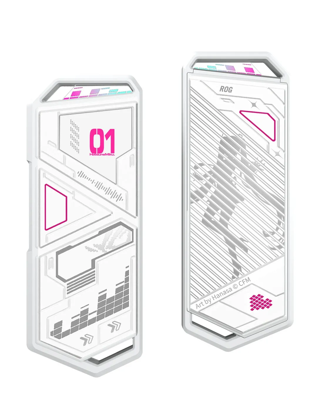 白を基調とした、初音ミクとROGのコラボデザインのモバイルバッテリー。前面には「01 HatsuneMiku」の文字とイラスト、背面には初音ミクのシルエットと「ROG」の文字が描かれている。