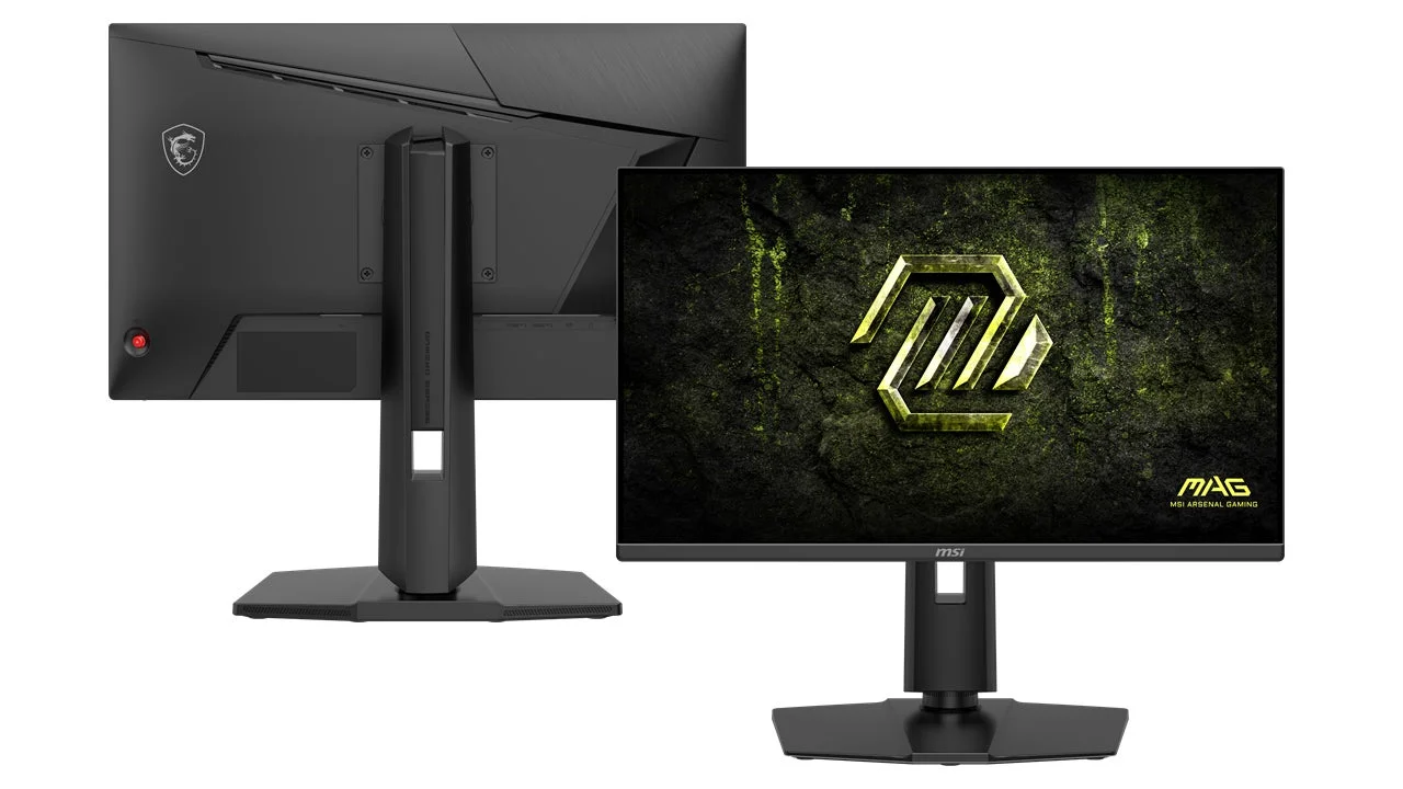 MSI MAG 245PF X24 ゲーミングモニターの正面と背面、スタンドの様子