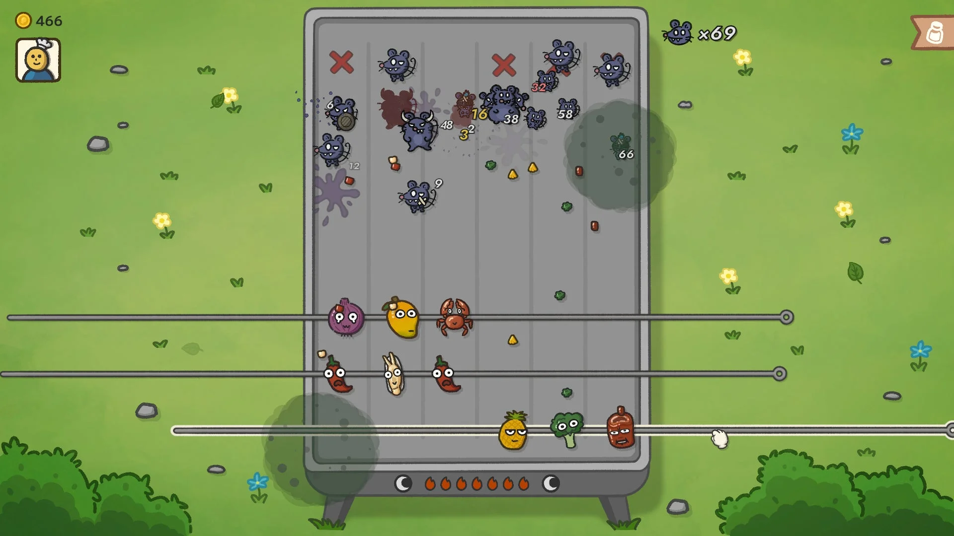 串焼きをドラッグしてネズミを撃退する戦闘シーン