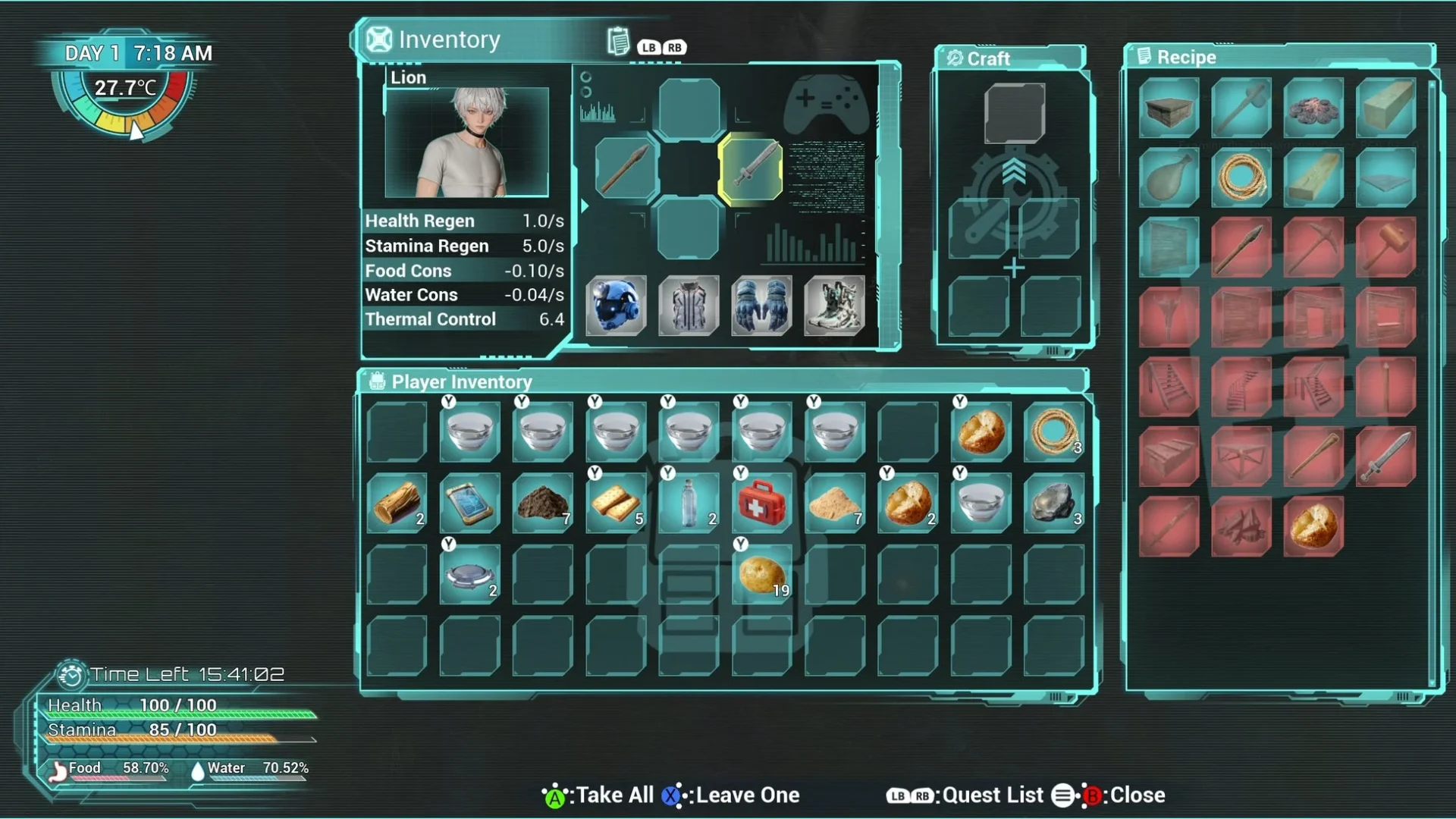 『Exelio -エグゼリオ』のインベントリとクラフトメニュー画面