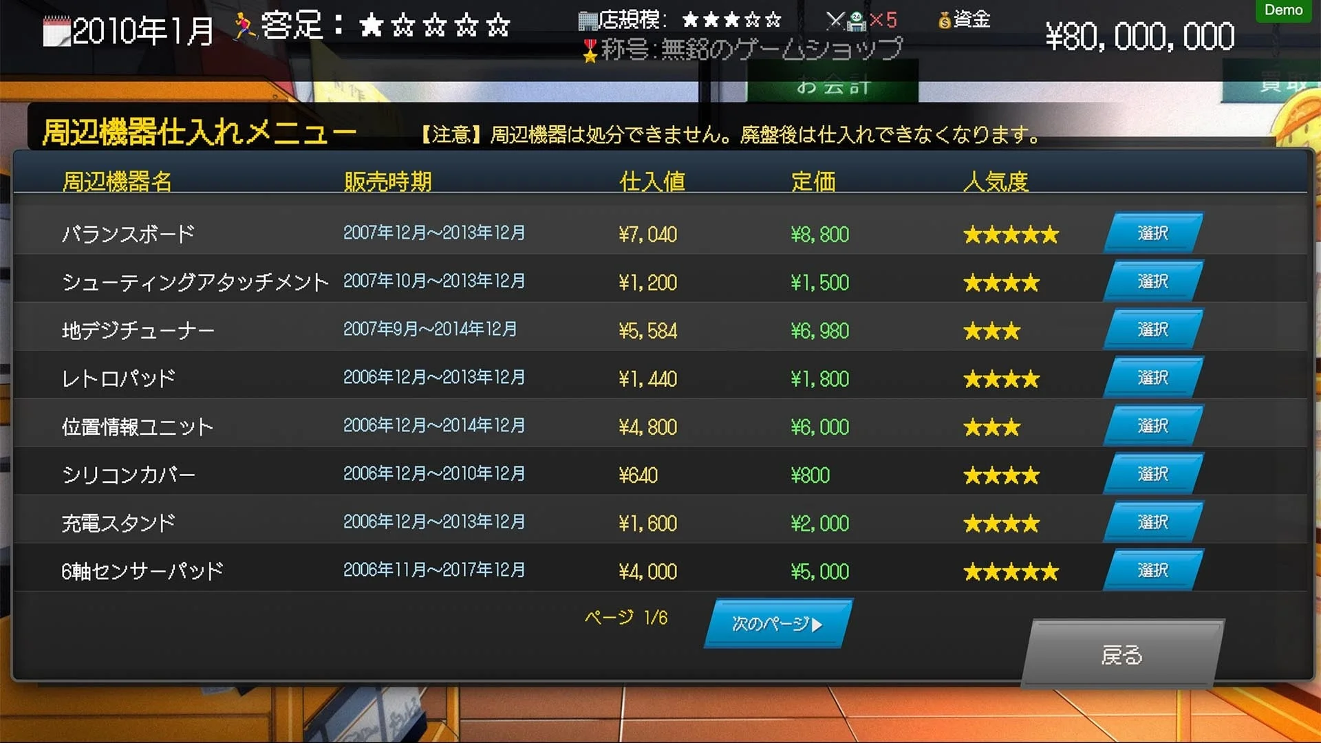 ゲーム内「周辺機器仕入れメニュー」画面、品目と価格、人気度