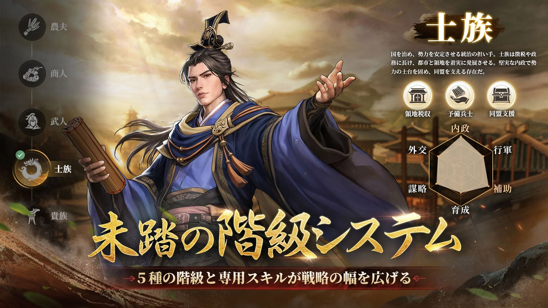 『三國志 王戦』の「階級システム」紹介画面。「士族」の能力と詳細。