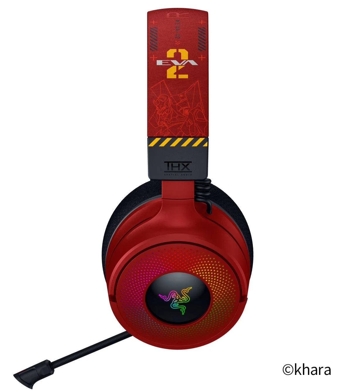 エヴァ2号機デザインのRazer Kraken V4ゲーミングヘッドセット左側面