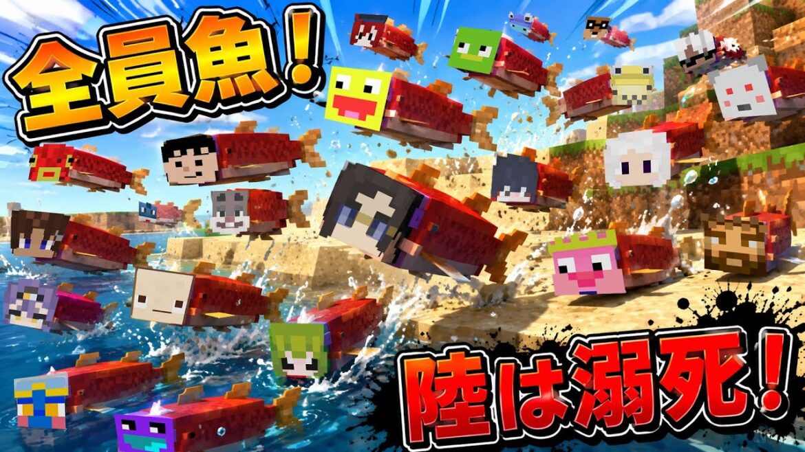 50人が魚になった広大な海の世界で全員集合 - マインクラフト【KUN】